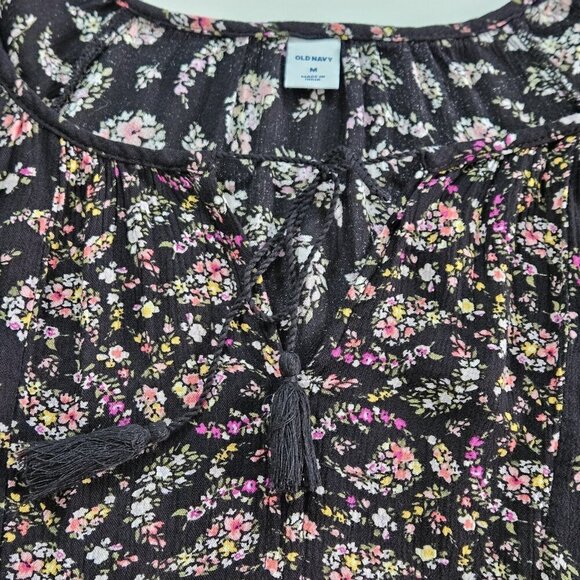 Old Navy Top Women M Black Floral Paisley Puff Sleeves Tassels Boho Whimsigoth - Picture 11 of 16